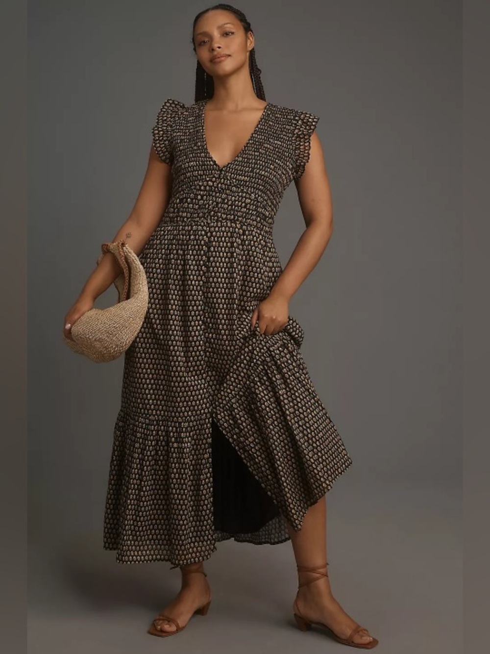 Anthropologie | Black Tan Peregrine Neutral Motif Midi Dress - Size XL
